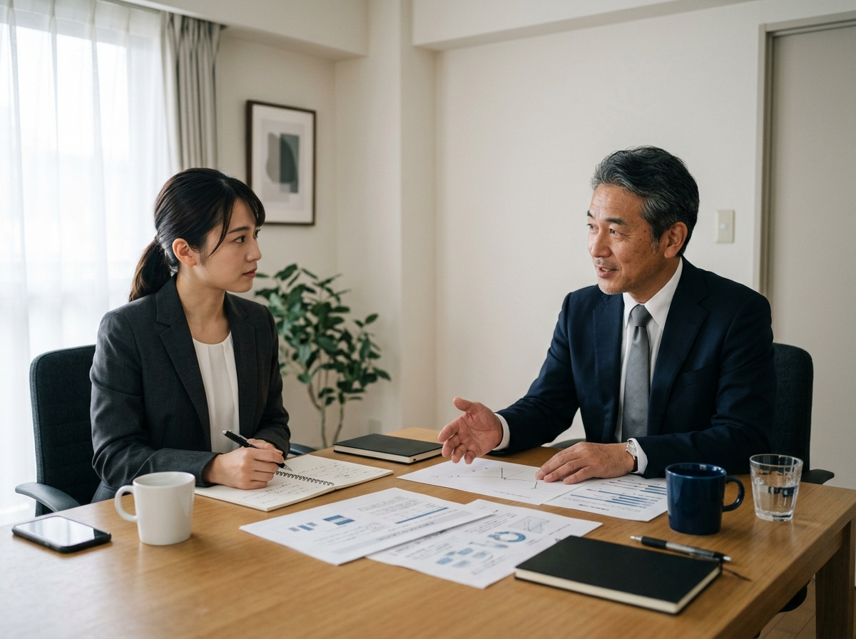 応接スペースで担当者と向かい合って事業について話す日本人の経営者