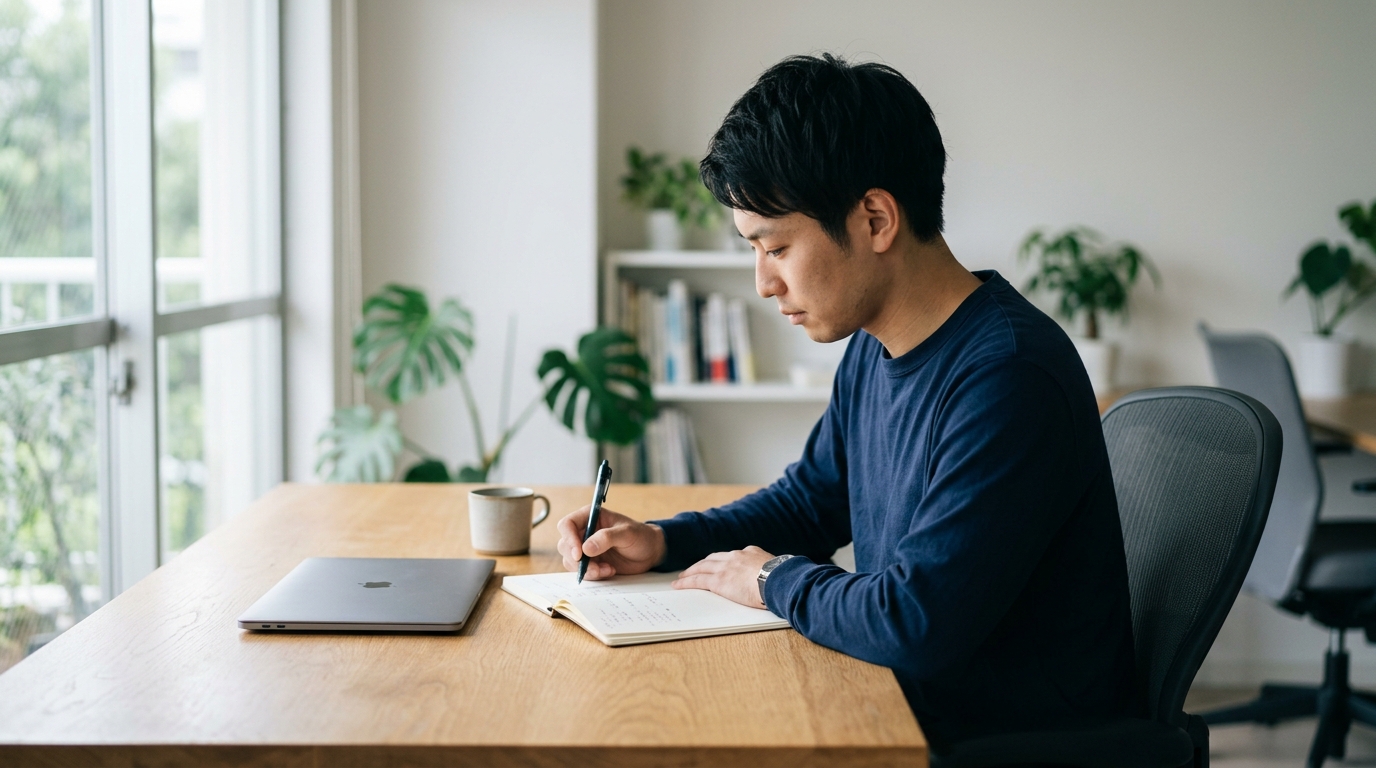 ノートに事業の準備項目を書き出している日本人の手元と机の様子