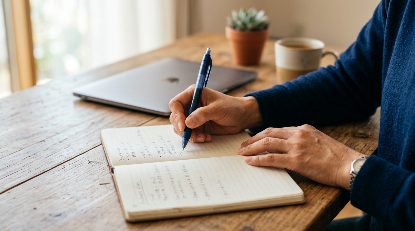 机の上でノートに事業計画の構成を手書きで書き出している日本人の手元