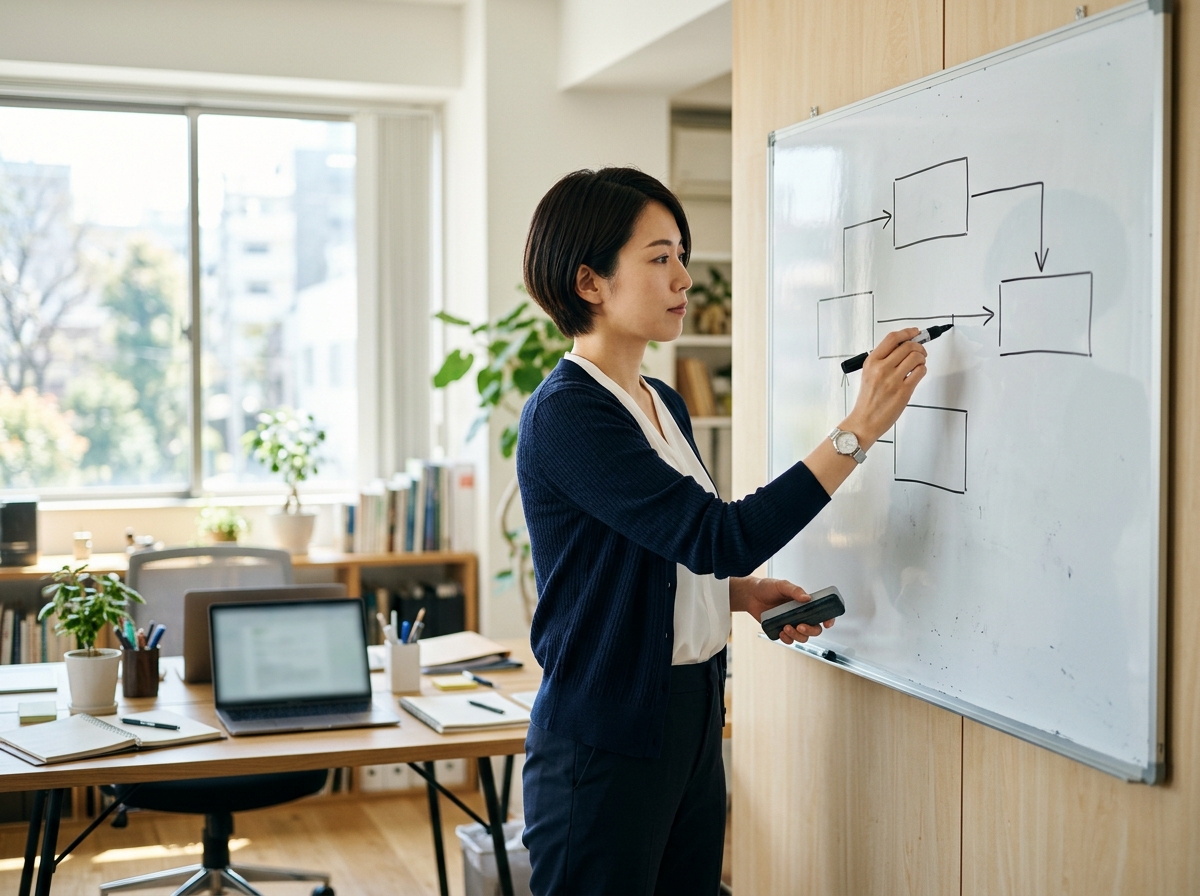 ホワイトボードに事業の流れを図で描きながら考えている日本人