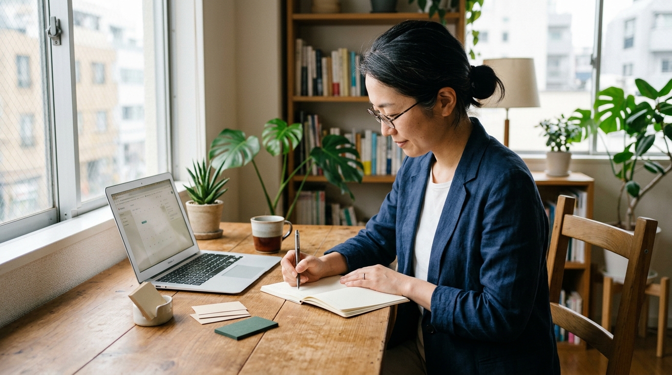 名刺とノートを前に、起業準備の優先順位を書き出している日本人の起業家