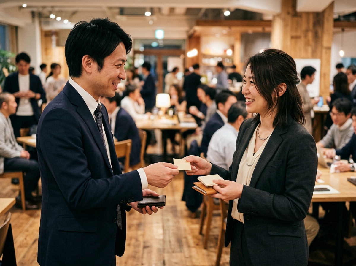 交流会のような場で名刺を手に相手と話している日本人のビジネスパーソン