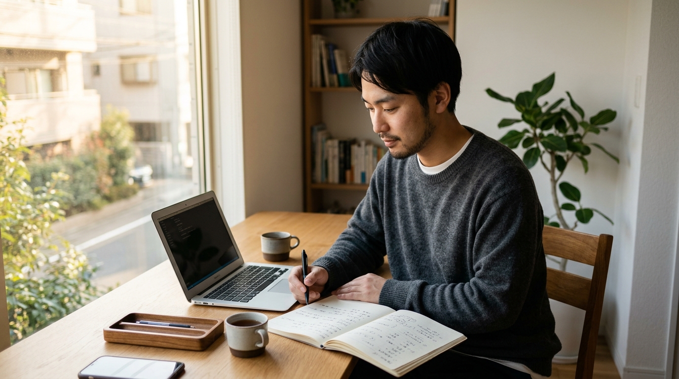 休日の自宅デスクでノートパソコンとノートを広げ、サービスの値段を書き出している日本人