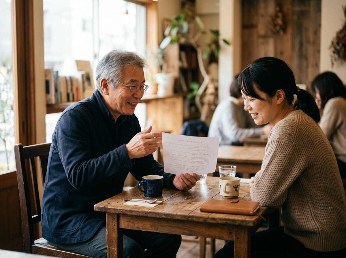 カフェのテーブルで資料を見せながら相手に提案している日本人二人