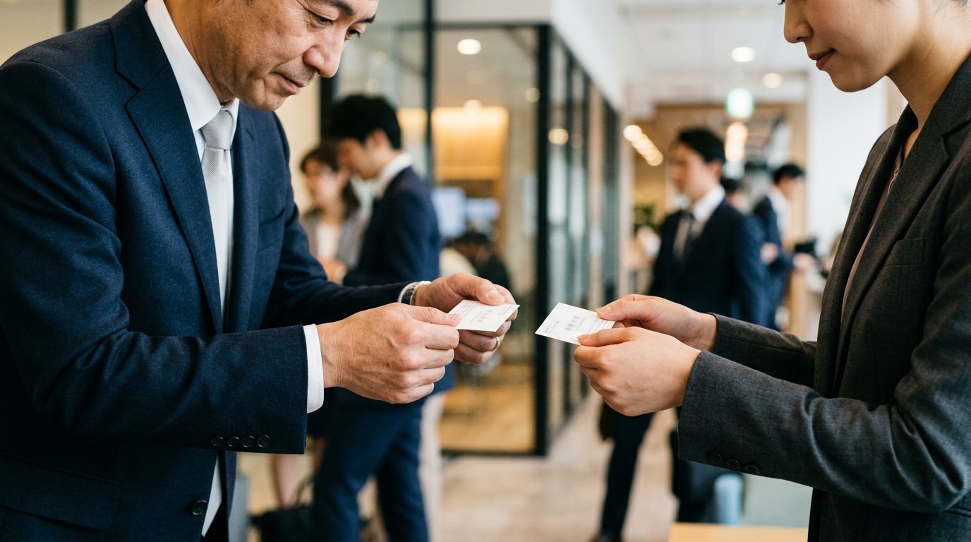 名刺交換をしながら初対面の商談相手の予算感を見極める日本人ビジネスパーソン