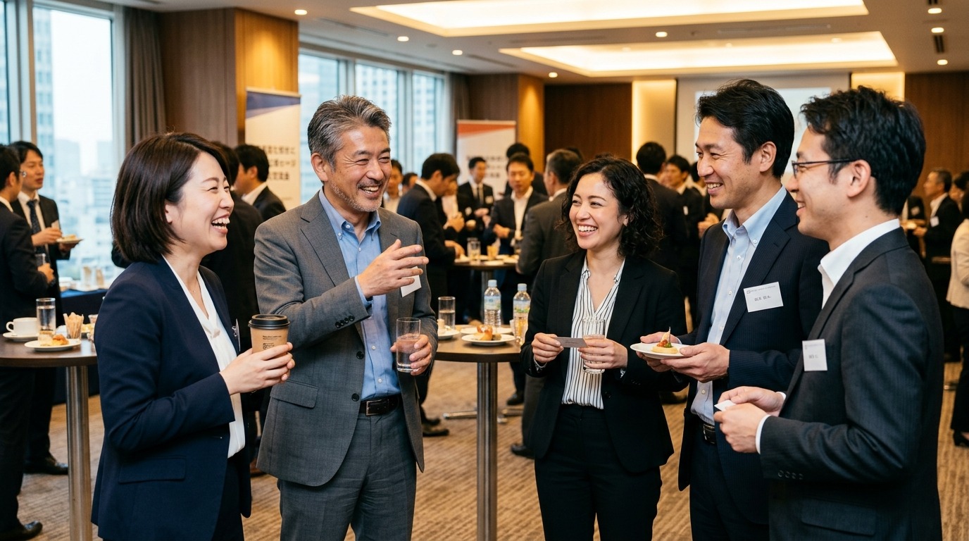 交流会で身振りを交えながら自分の事業の説明をする日本人ビジネスパーソン