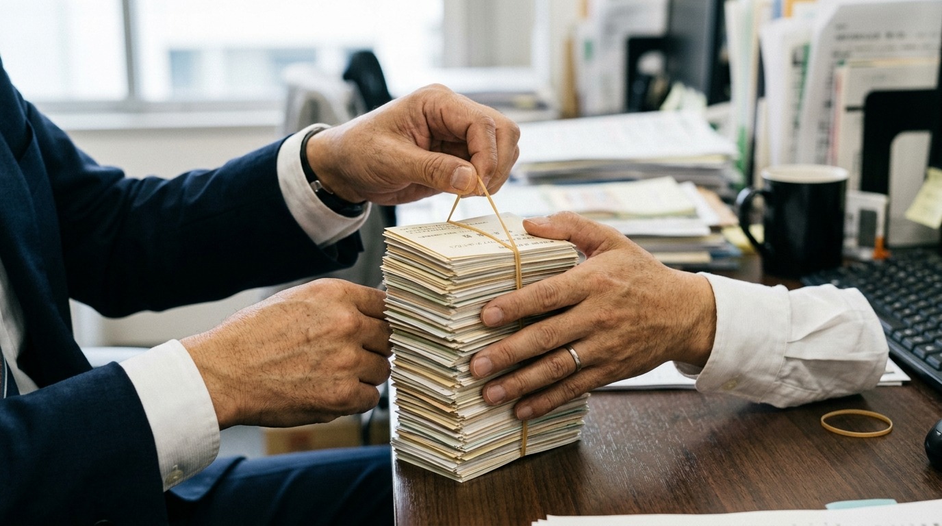 増えていく名刺の束を輪ゴムで束ねる日本人ビジネスパーソンの手元、試行錯誤の比喩