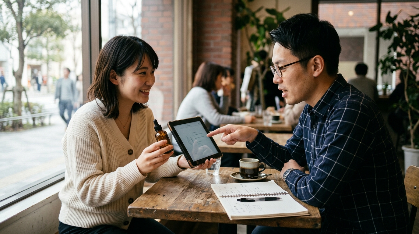 カフェのテーブルで、商品サンプルを相手に見せながら話を聞いている様子