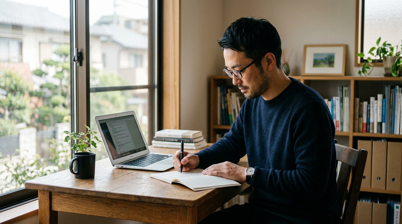 デスクでノートパソコンを見ながら業務の手順を書き出している日本人の男性経営者