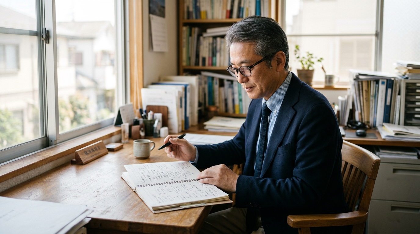 ノートに書いた論点メモを前に、相談する相手を整理している日本人の経営者