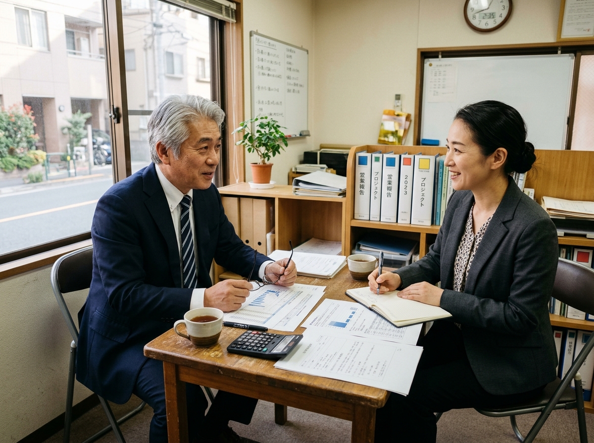小さな応接スペースで資料を広げて相談している日本人の二人