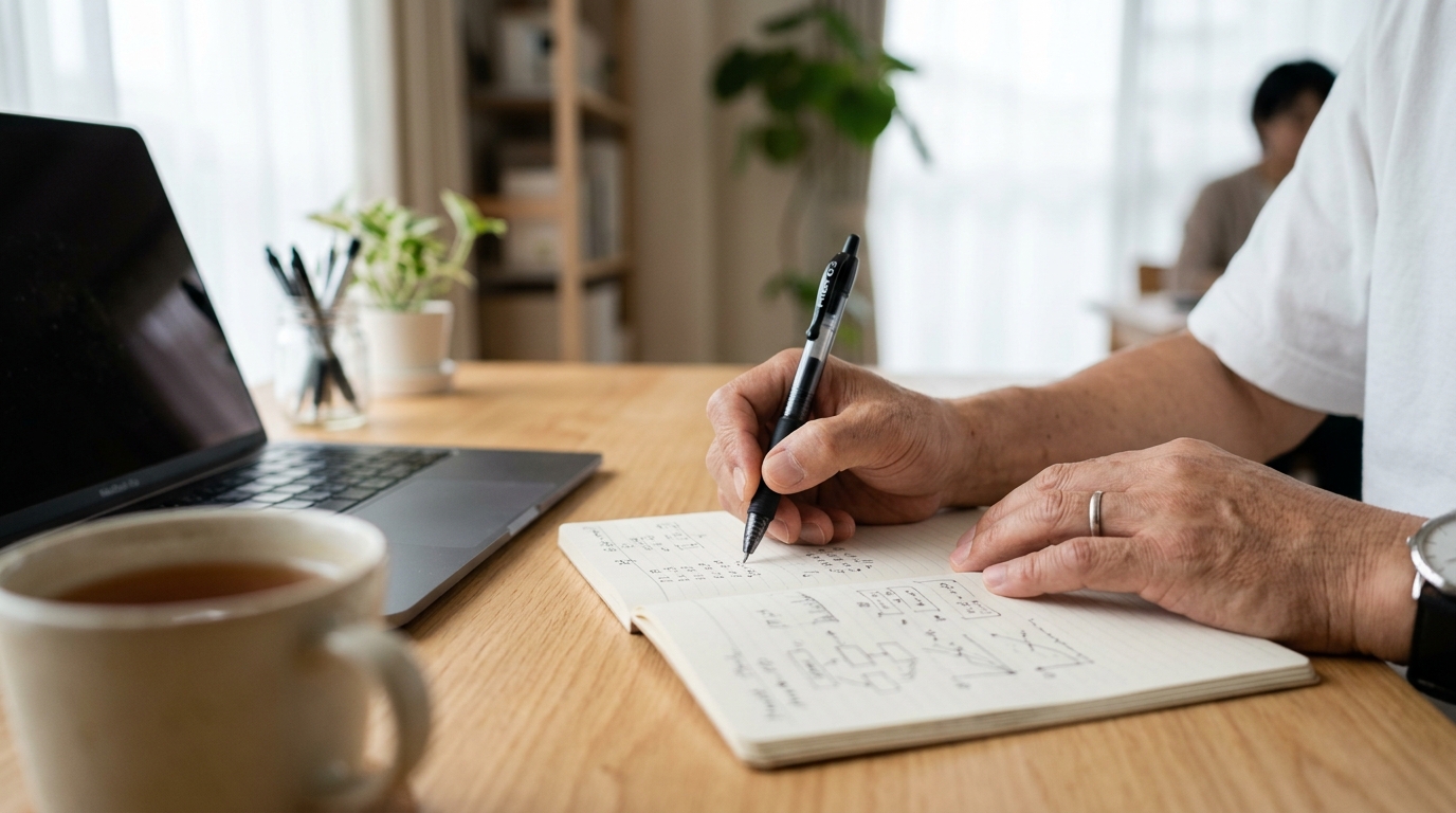 ノートに事業の提供件数と上限を書き出している日本人の手元