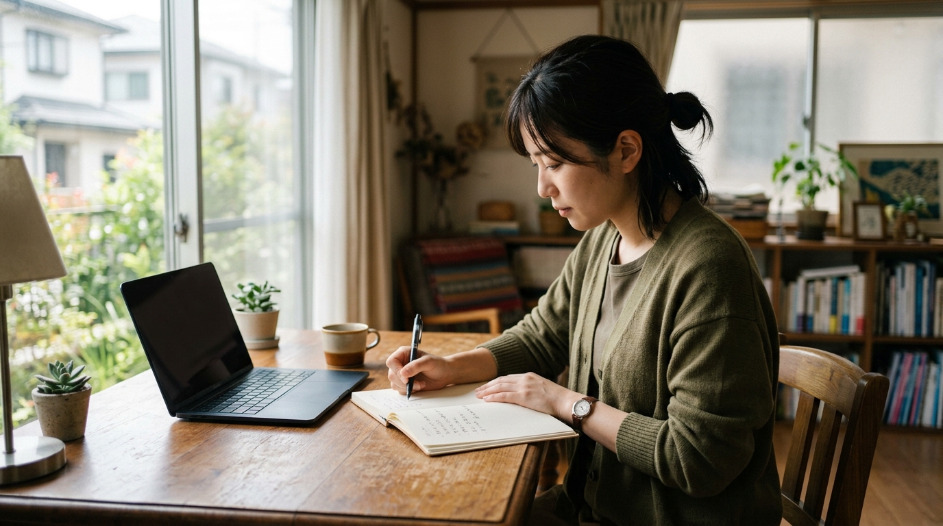 ノートに自分のできることややりたいことを書き出して整理している日本人