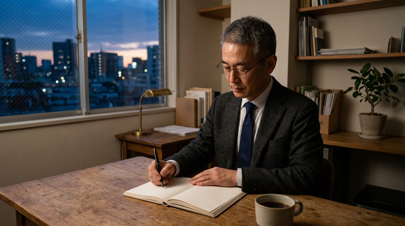デスクでノートに悩みを書き出しながら考え込む日本人の経営者