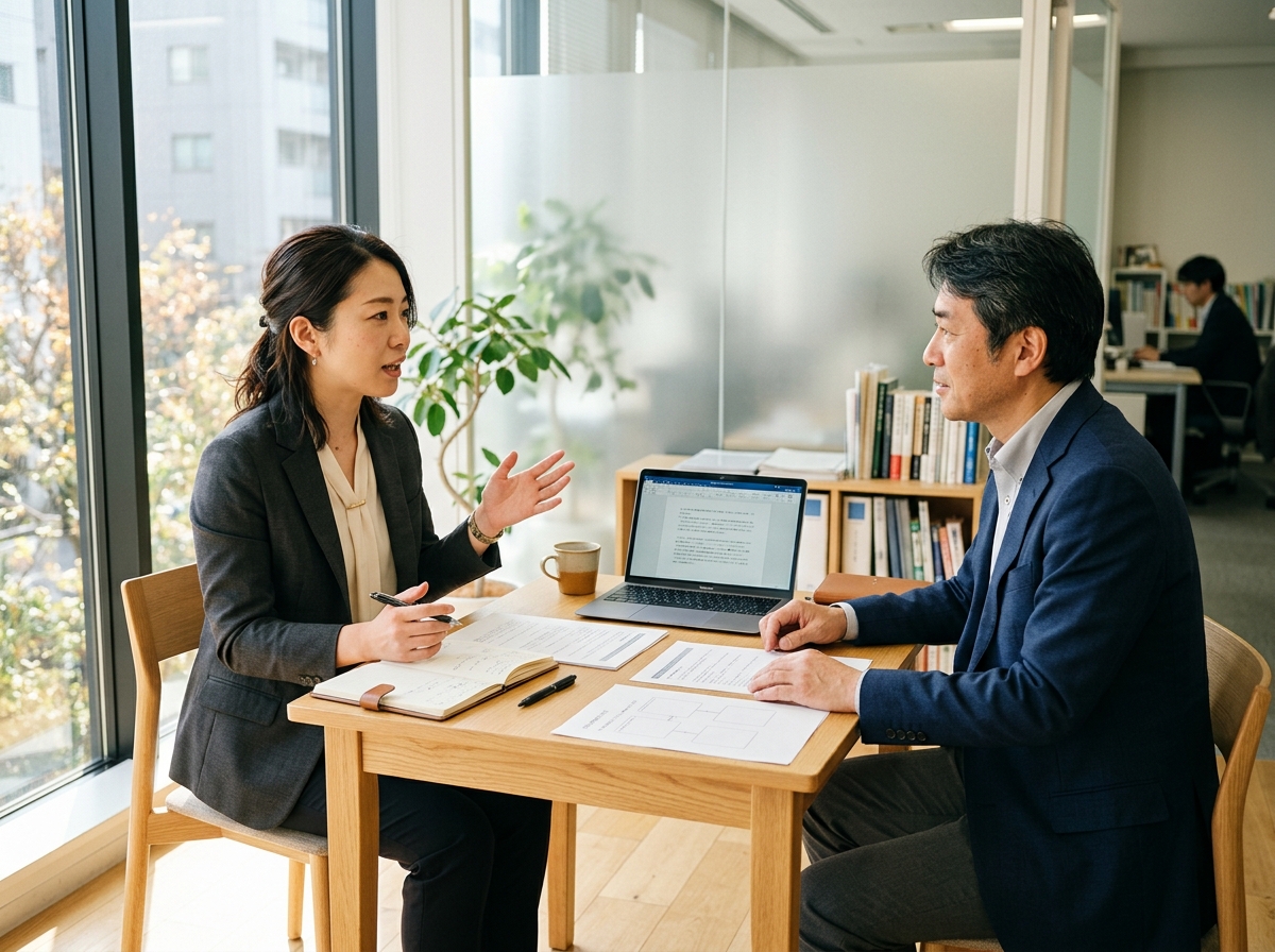 小さな会議スペースで二人の日本人が資料を広げて話し合う様子
