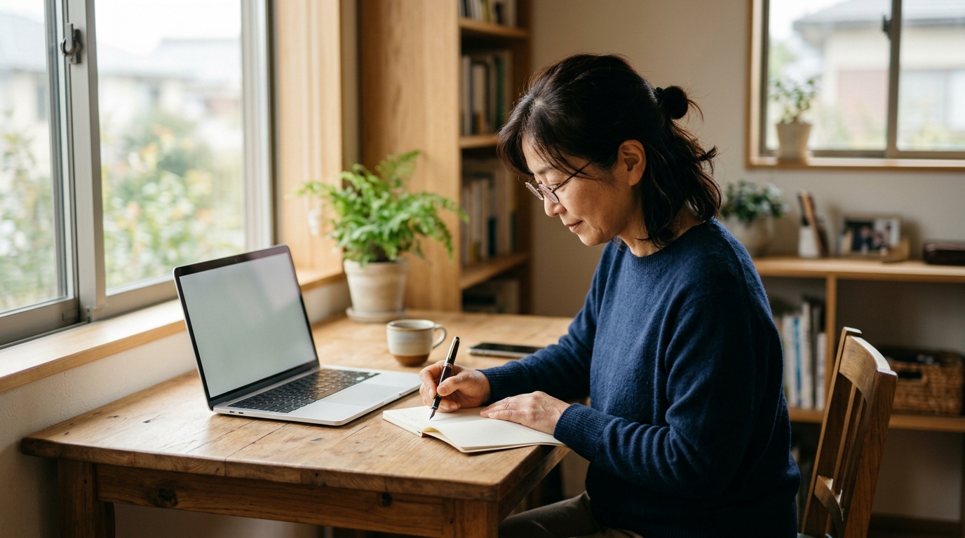 ノートに集客の優先順位を書き出しながら考える日本人の個人事業主