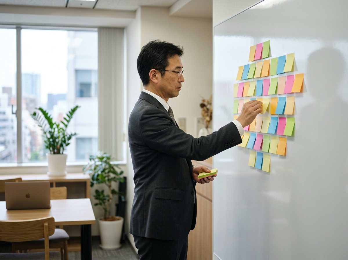 ホワイトボードの前で集客手法の組み合わせを整理する日本人