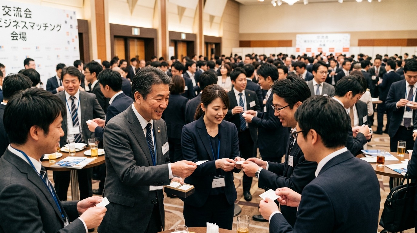 交流会の会場で名刺を交換しながら販路を広げようとする日本人の起業家たち