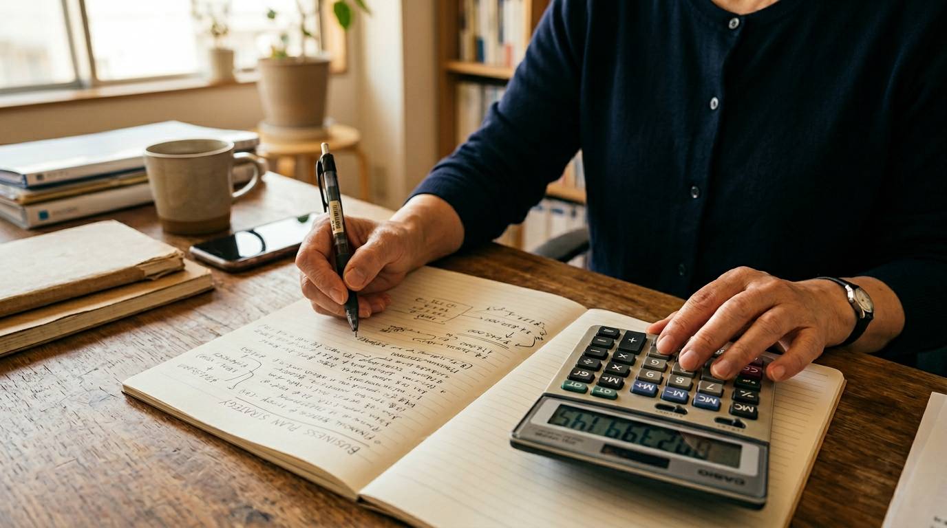 事業計画書を見ながら電卓で資金を計算する手元