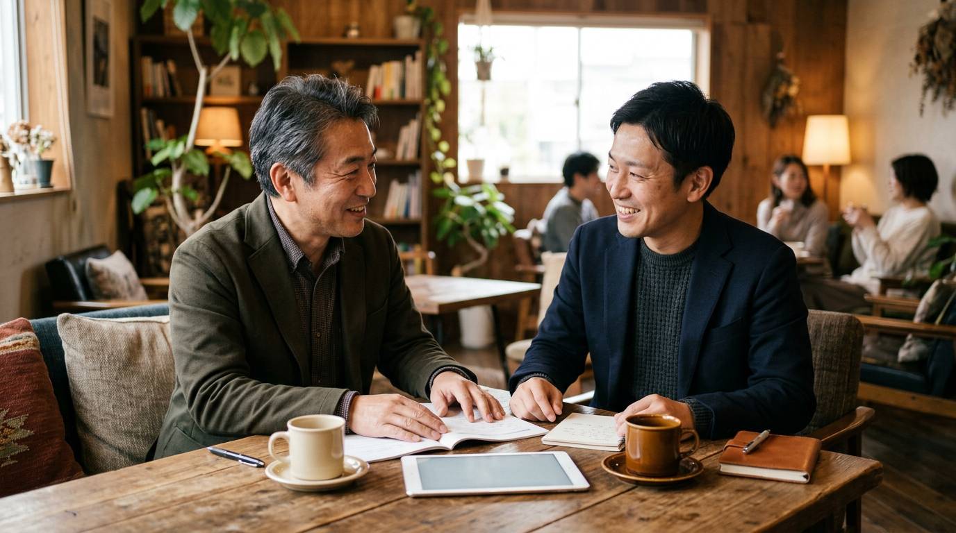 起業家とアドバイザーが笑顔で相談している様子