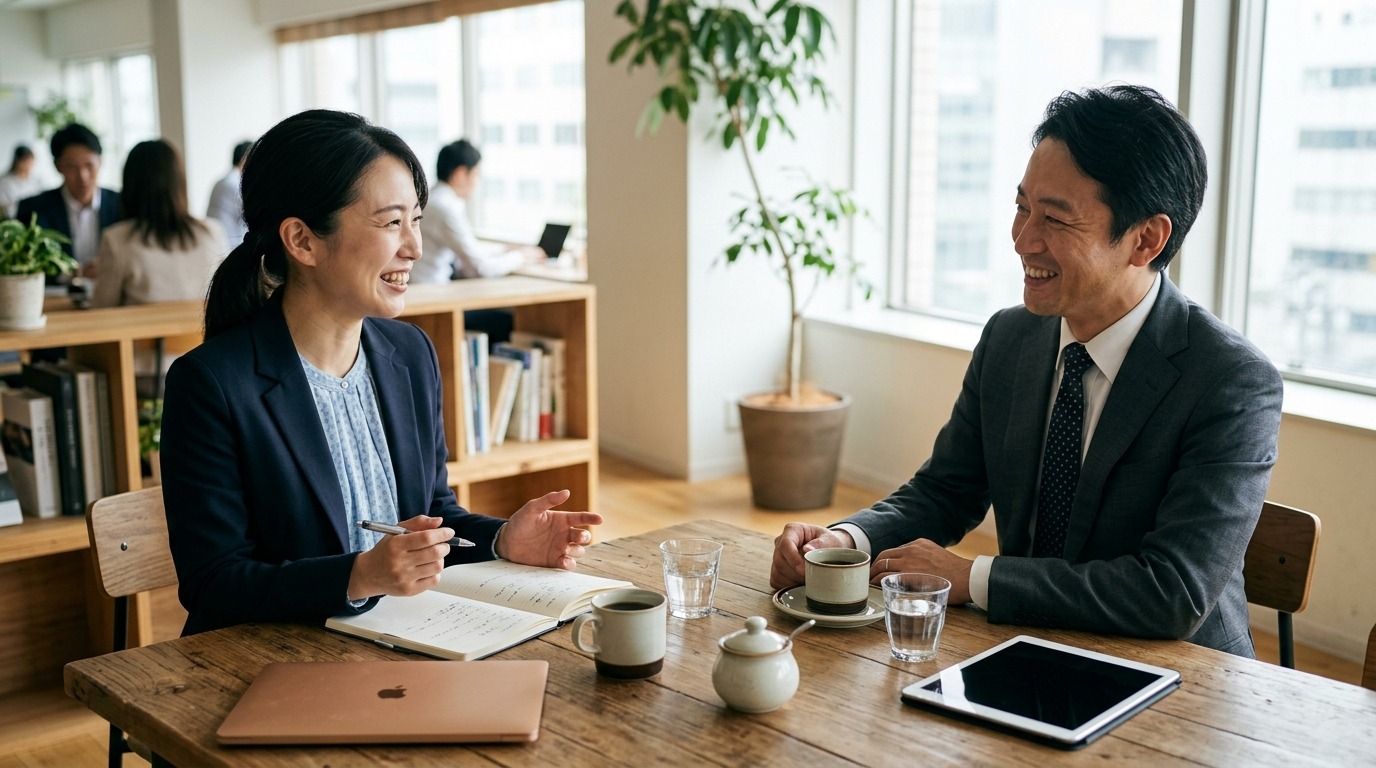 オフィスのテーブルでノートを見せながら、笑顔で対話する日本人のビジネスパーソン二人