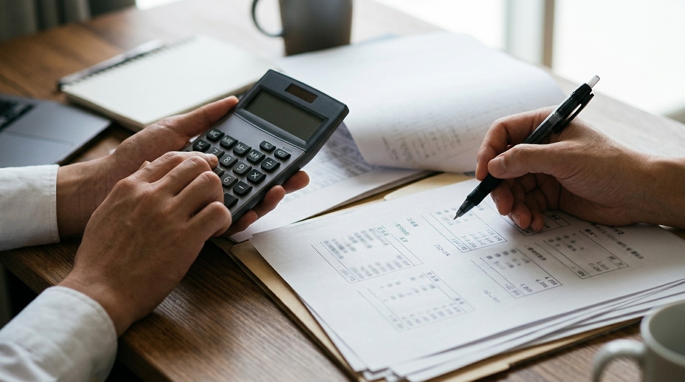 電卓と見積書を前に価格設定を考える日本人の手元