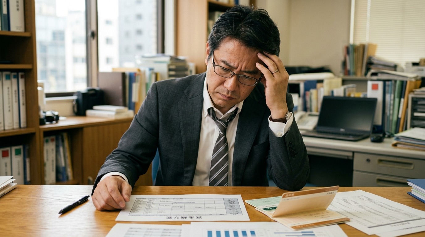 資金繰りの資料を前に考え込む日本人の経営者