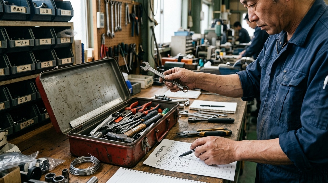 作業台で工具を前に見積書を書き込む日本人の事業者