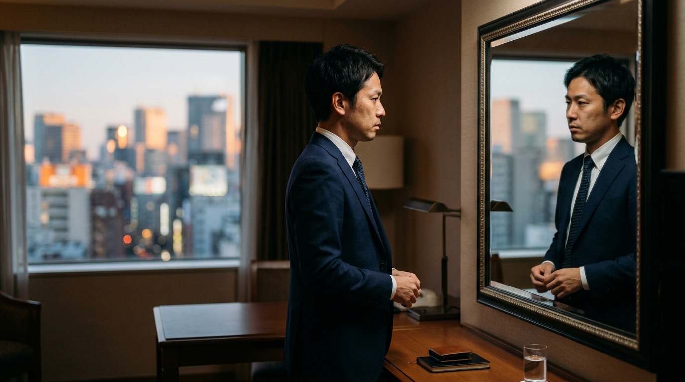 窓辺で自分の価格設定を見つめ直す日本人の経営者