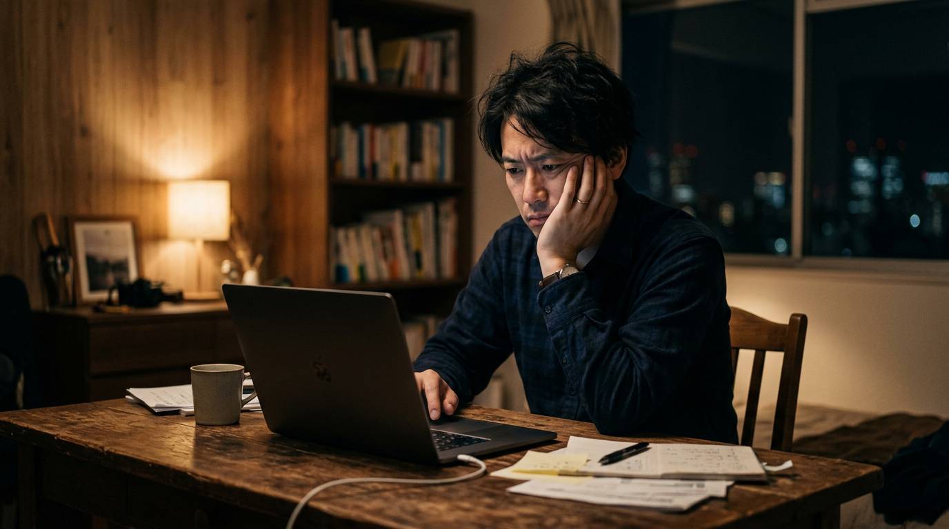 ひとりでパソコンの前で起業について考え込む人