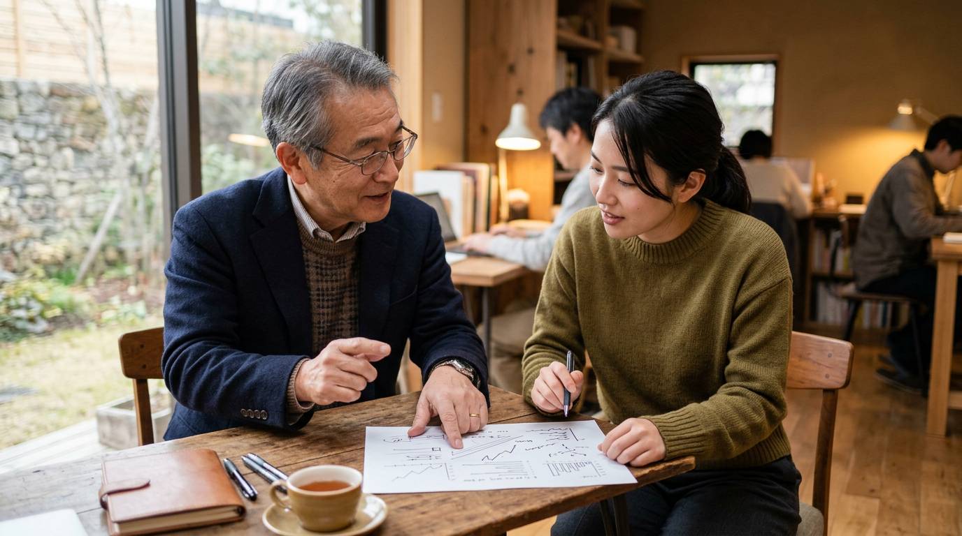 アドバイザーが起業家の隣に座り一緒に資料を見ている様子