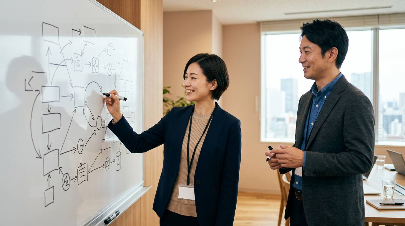 ホワイトボードに事業の優先順位を書き出して一緒に整理する様子
