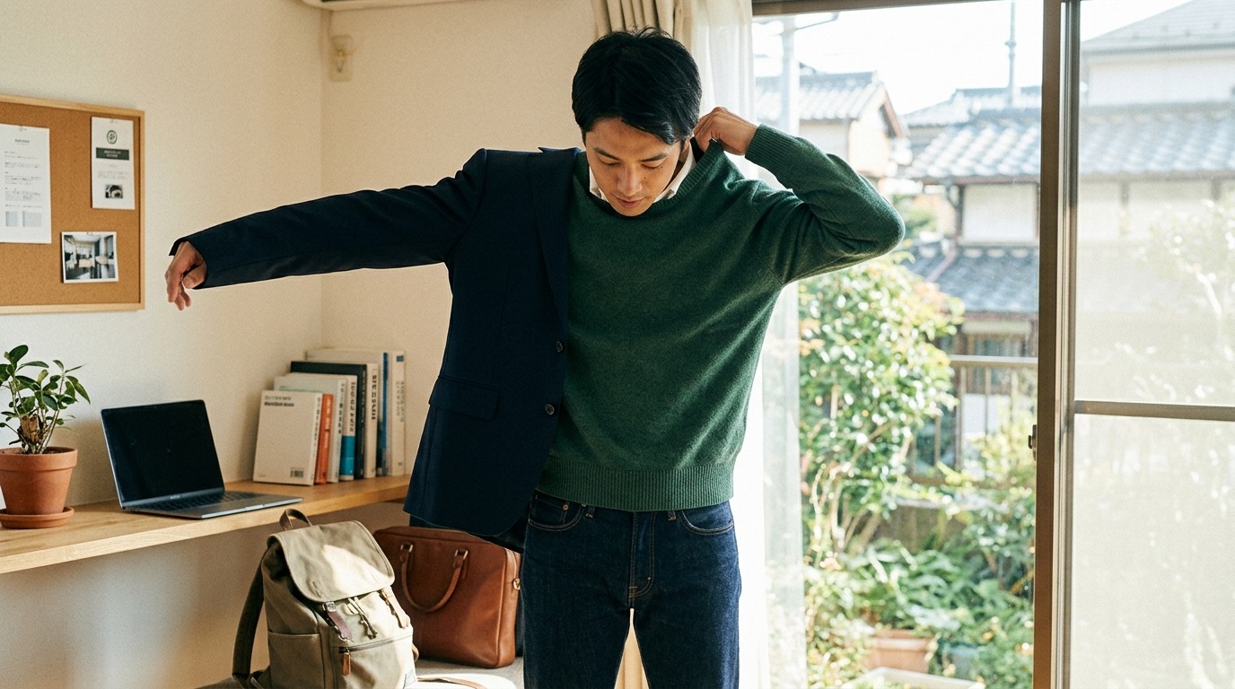 自宅の作業スペースでジャケットを手に、起業を続けるか迷う日本人の男性