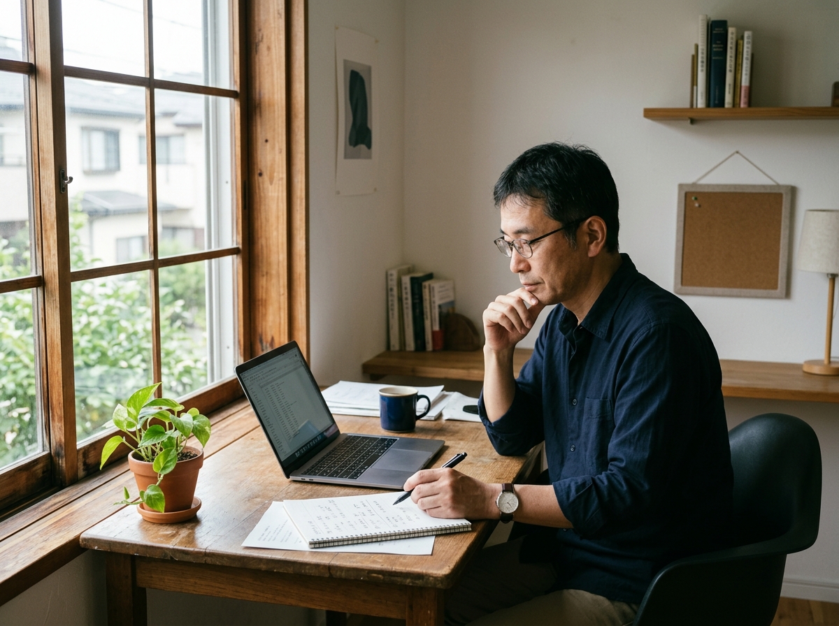 デスクで売上の内訳を見ながら事業の形を考える日本人の経営者