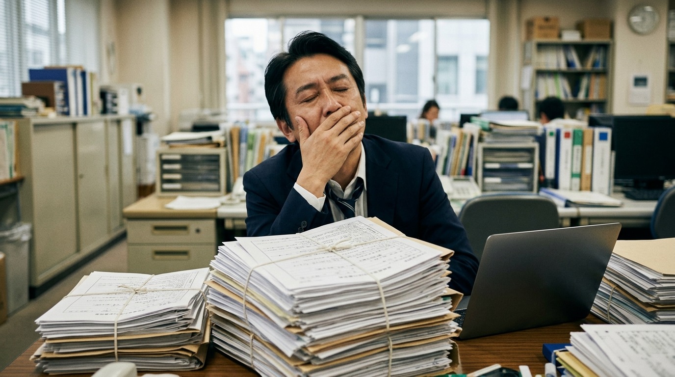 分厚い補助金の申請書類を前にため息をつく日本人経営者の写真