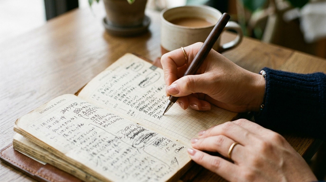 手帳に予定を書き込みながら期限を確認する日本人ビジネスパーソンの手元の写真