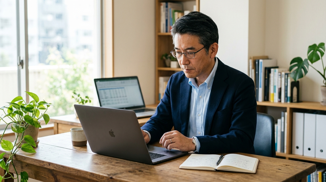 ノートパソコンの画面を見ながら新規事業のテスト内容を確認する日本人の経営者