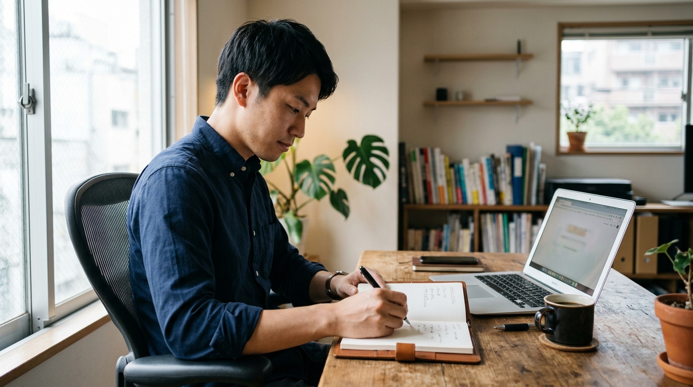 ノートに事業の準備項目を書き出しながら考える日本人の起業家