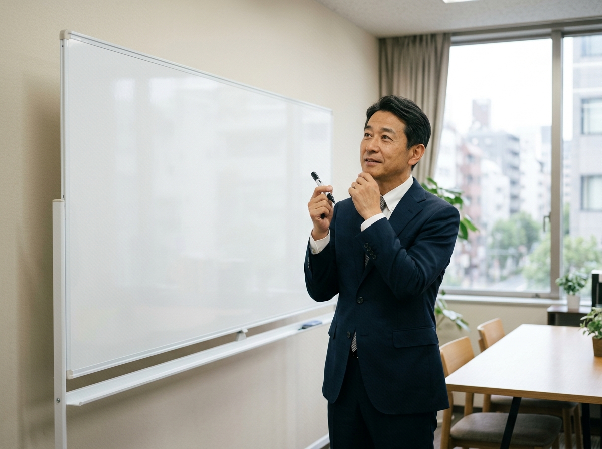ホワイトボードの前で事業の方向性を見直す日本人の経営者