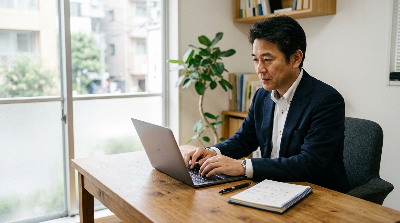 ノートパソコンの画面を見ながら自動化の設定内容を確認する日本人の経営者