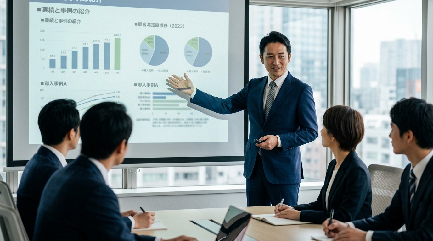 打ち合わせで相手に説明する日本人ビジネスパーソン。小さな約束の実行を積み重ねて信頼を築く商談の場面
