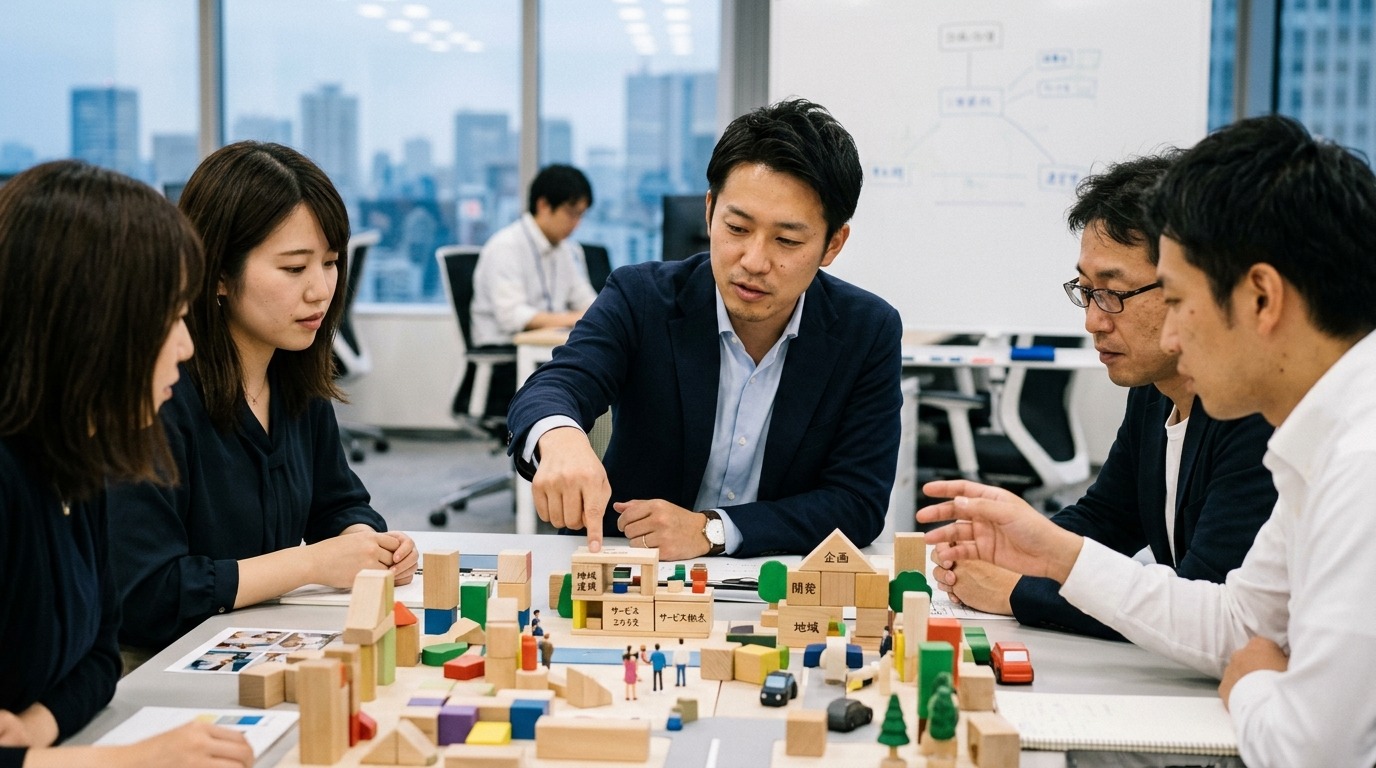 机の上で小さなブロックを組み立てながら事業構想を練る日本人の起業家