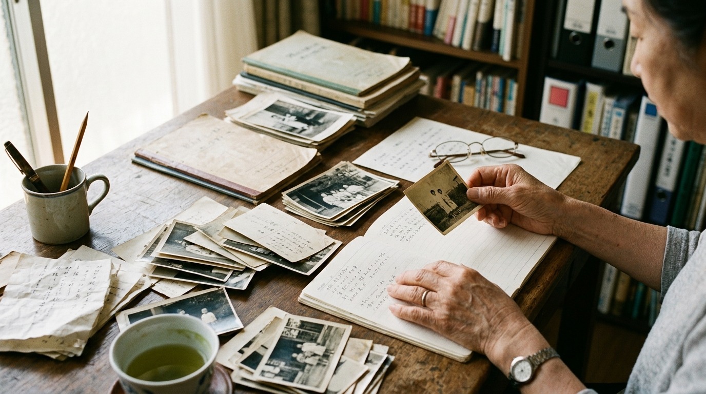机に過去の写真やメモを広げて自分の経歴を振り返る日本人の手元