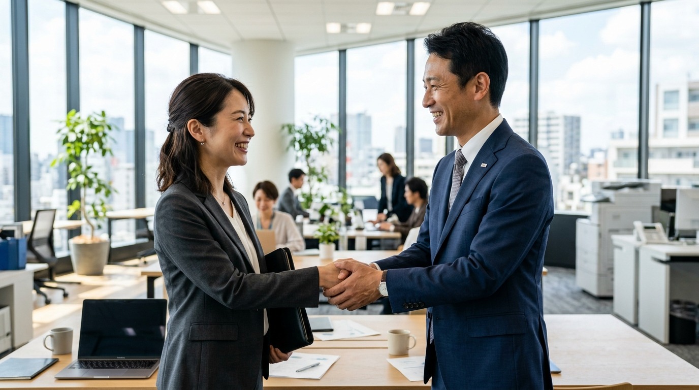 笑顔で握手する二人の日本人ビジネスパーソン